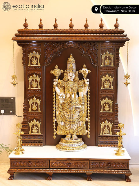 74" Super Large Ashta Lakshmi Designer Temple with Brass Lamps | Wood and Marble