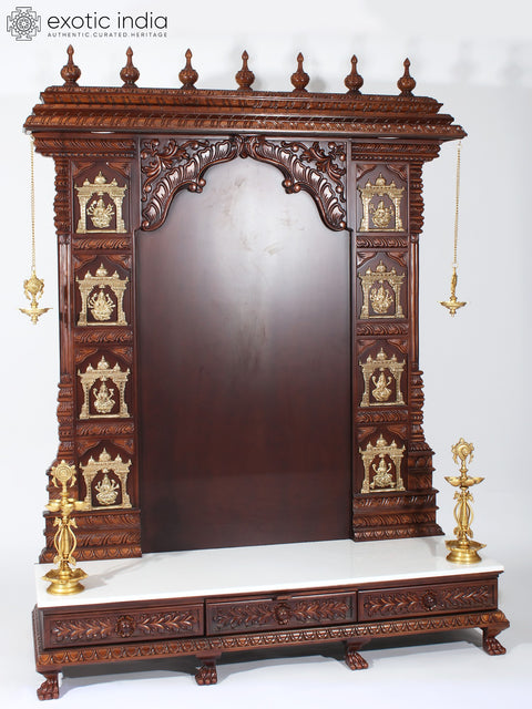 74" Super Large Ashta Lakshmi Designer Temple with Brass Lamps | Wood and Marble