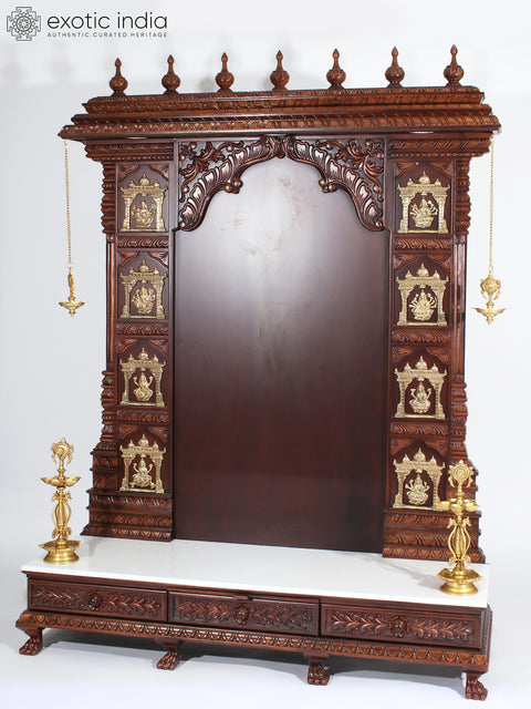 74" Super Large Ashta Lakshmi Designer Temple with Brass Lamps | Wood and Marble