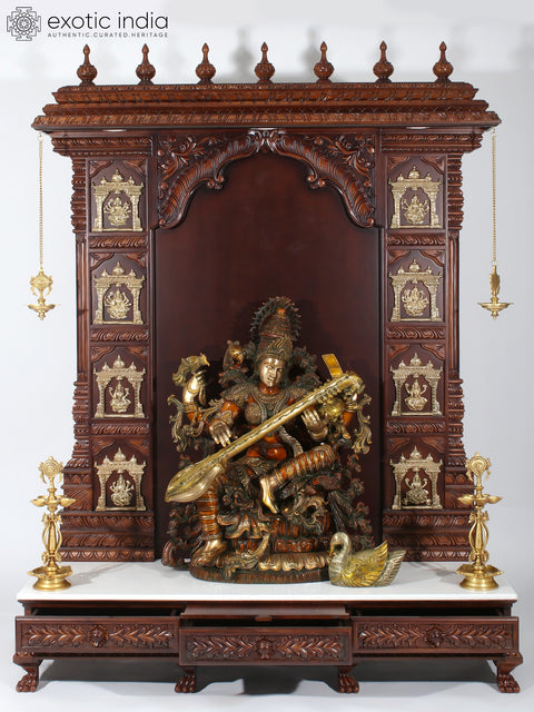 74" Super Large Ashta Lakshmi Designer Temple with Brass Lamps | Wood and Marble