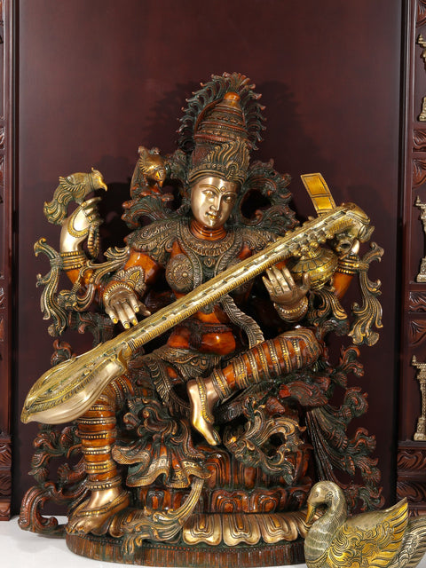 74" Super Large Ashta Lakshmi Designer Temple with Brass Lamps | Wood and Marble