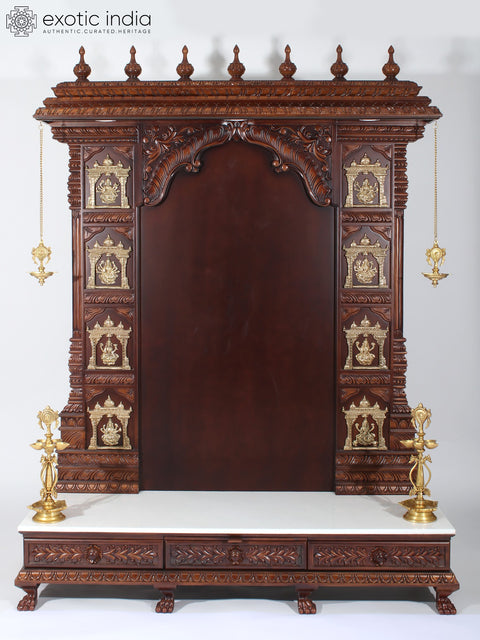 74" Super Large Ashta Lakshmi Designer Temple with Brass Lamps | Wood and Marble