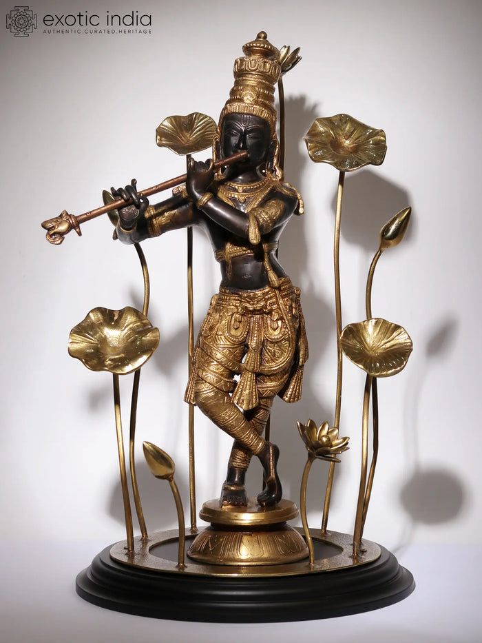 24" Lord Krishna Brass Idol Playing Flute on Flower Pedestal