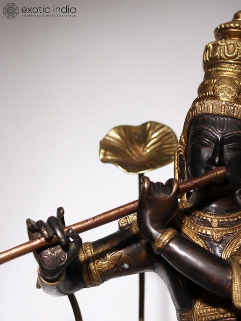 24" Lord Krishna Idol Standing on Flowers Design Pedestal Playing Flute | Brass and Wood