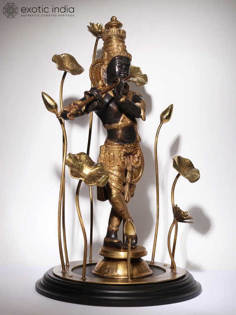 24" Lord Krishna Idol Standing on Flowers Design Pedestal Playing Flute | Brass and Wood