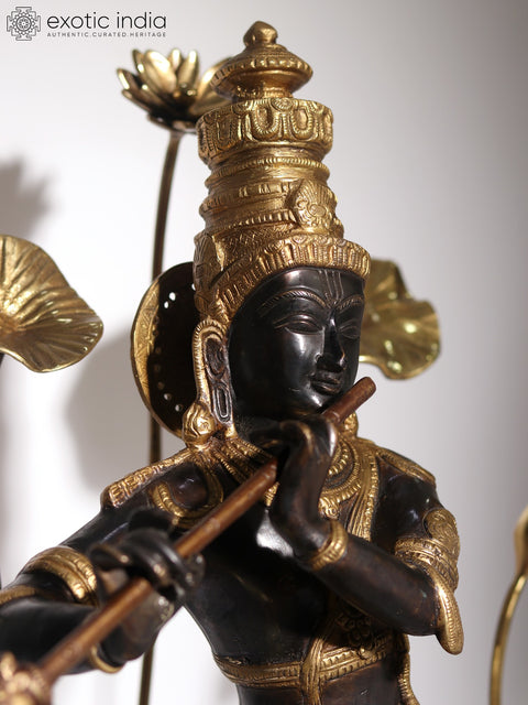 24" Lord Krishna Idol Standing on Flowers Design Pedestal Playing Flute | Brass and Wood
