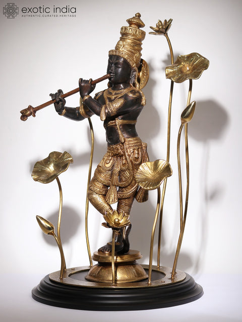 24" Lord Krishna Idol Standing on Flowers Design Pedestal Playing Flute | Brass and Wood