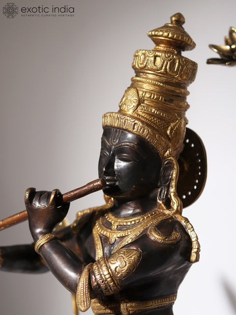 24" Lord Krishna Idol Standing on Flowers Design Pedestal Playing Flute | Brass and Wood