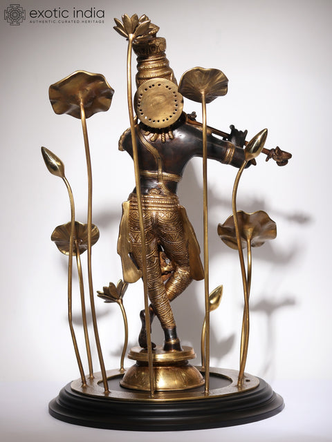 24" Lord Krishna Idol Standing on Flowers Design Pedestal Playing Flute | Brass and Wood