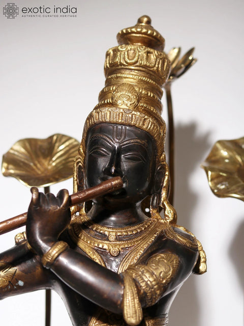 24" Lord Krishna Idol Standing on Flowers Design Pedestal Playing Flute | Brass and Wood