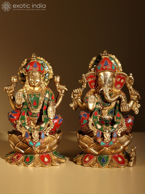 9" Brass Goddess Lakshmi and Ganesha Idol with Inlay Work