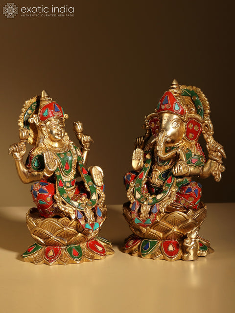 9" Goddess Lakshmi and Lord Ganesha Idol | Brass Statue with Inlay Work