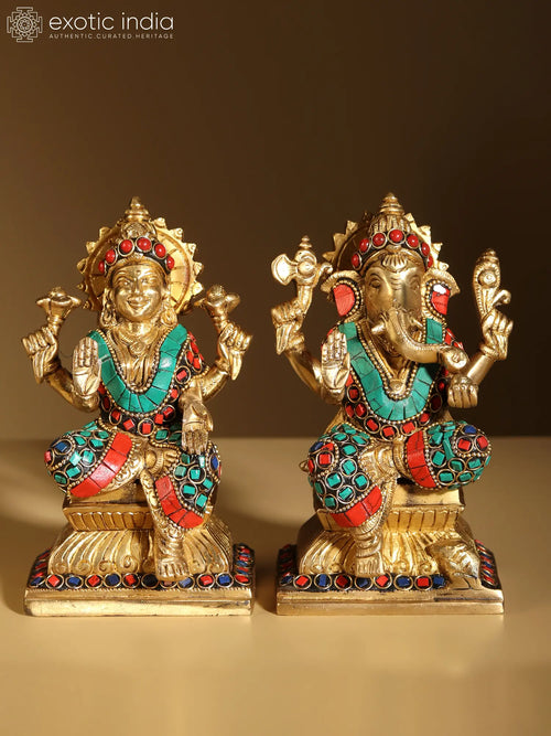 6" Lakshmi Ganesha Brass Statue with Inlay Work