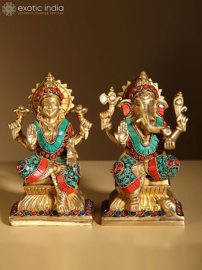 6" Small Lakshmi Ganesha Seated on Pedestal | Brass with Inlay Work