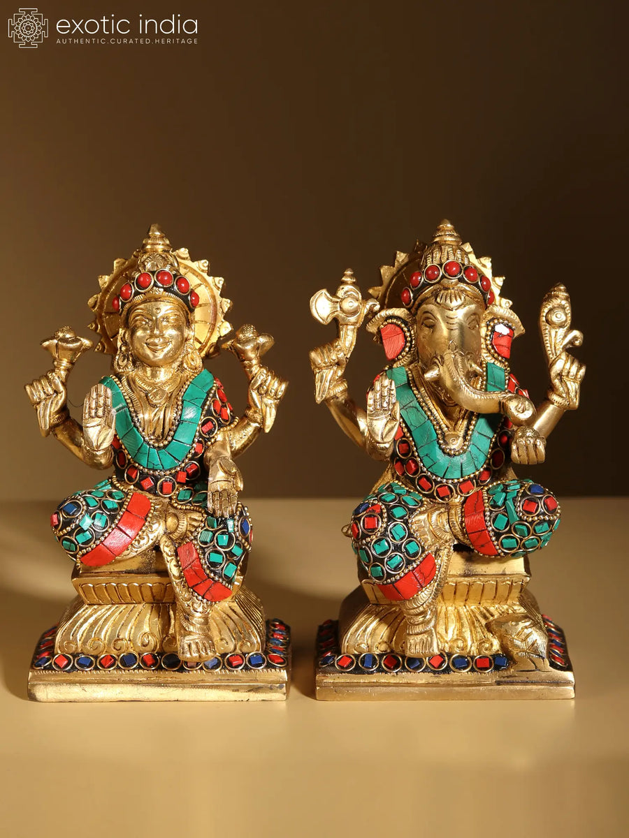 6" Lakshmi Ganesha Brass Statue with Inlay Work