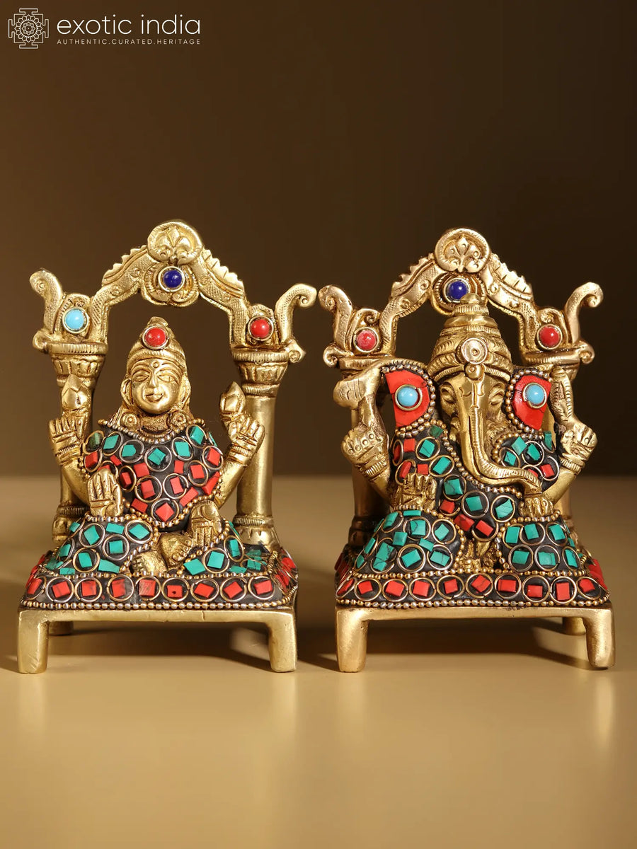 4" Brass Blessing Lakshmi Ganesha Idol Seated on Throne