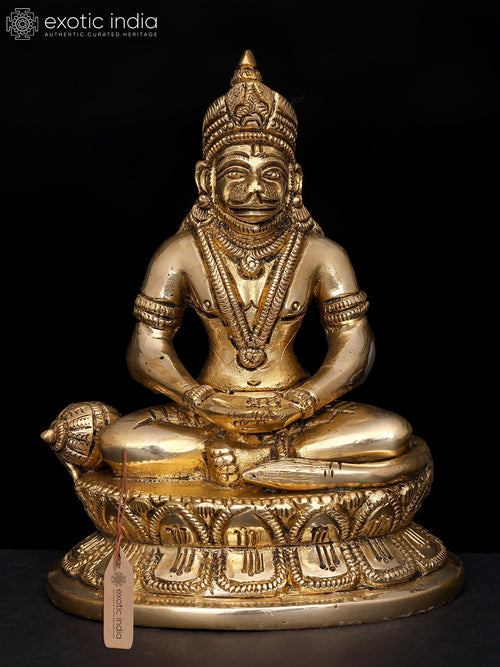 4" Lord Hanuman Seated Brass Idol with Lotus Pedestal