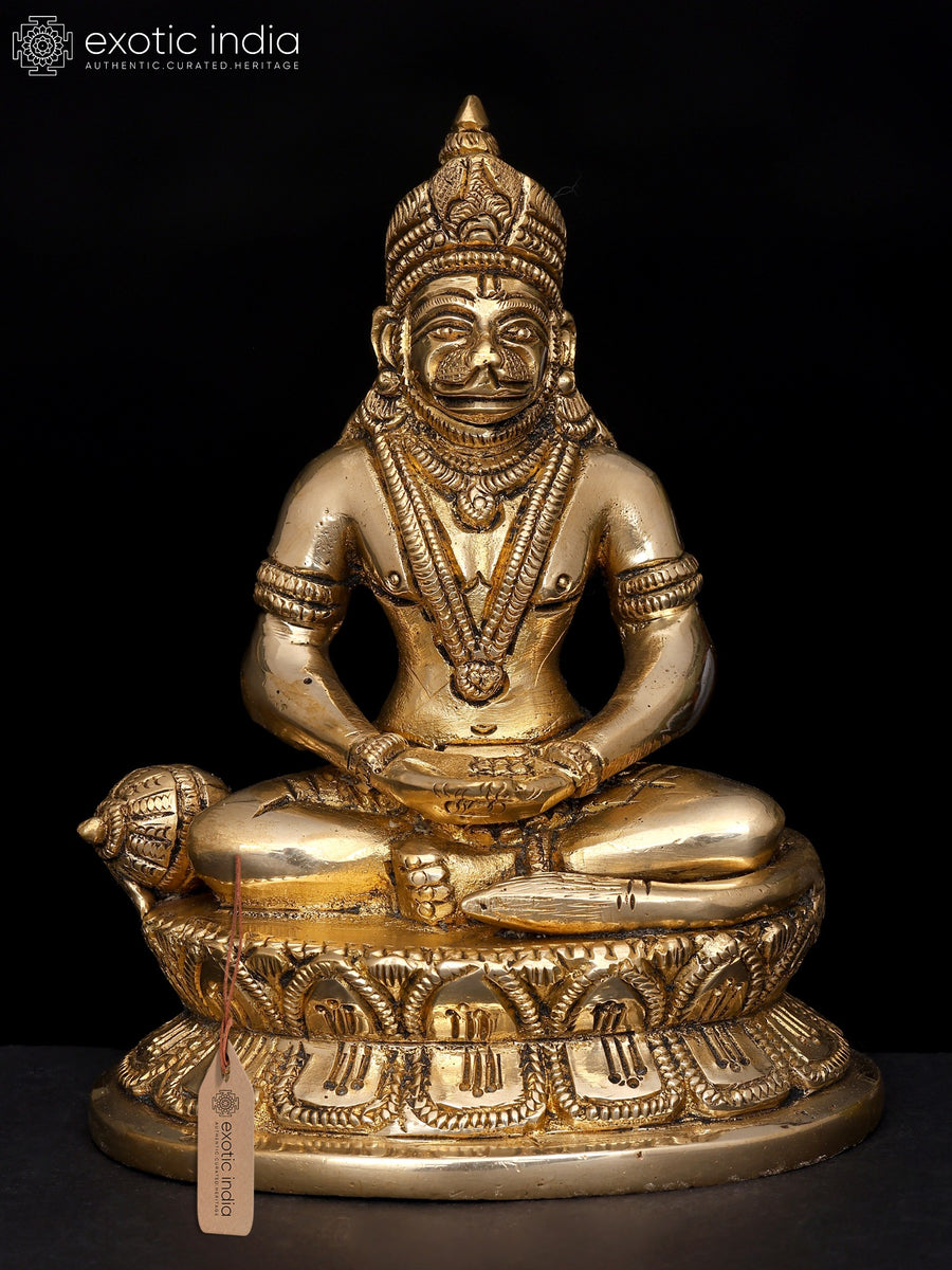4" Lord Hanuman Seated Brass Idol with Lotus Pedestal