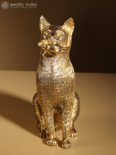 7" Decorative Cat with Mouse In Her Mouth | Brass Statue