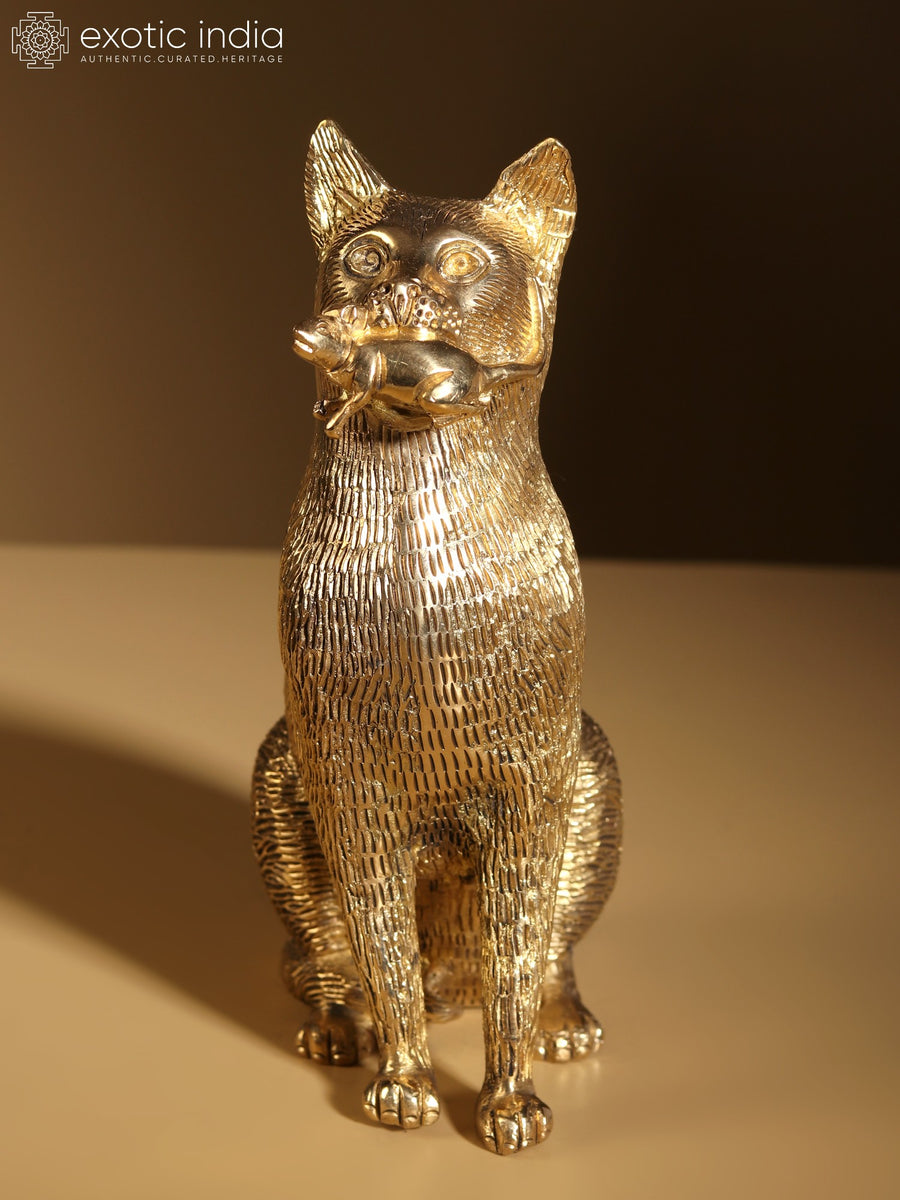 7" Brass Decorative Cat with Mouse Statue for Home Decor