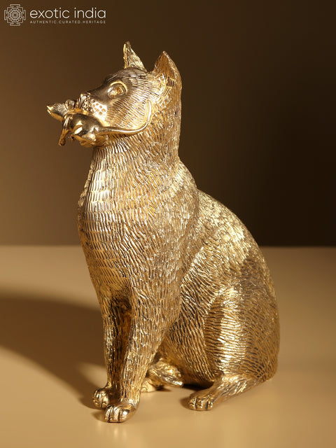 7" Decorative Cat with Mouse In Her Mouth | Brass Statue
