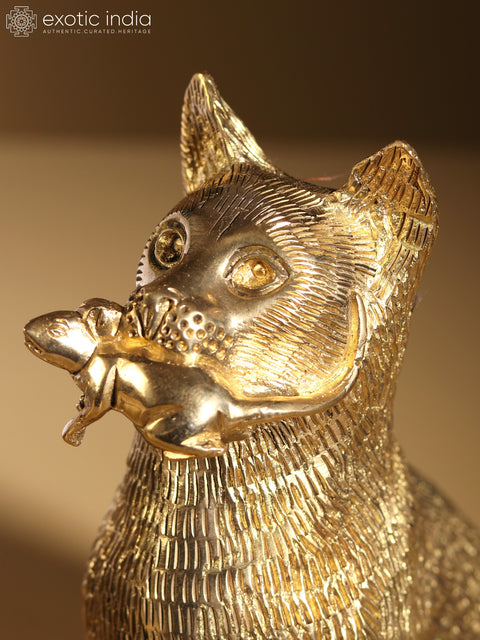 7" Decorative Cat with Mouse In Her Mouth | Brass Statue