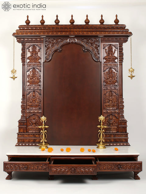 72" Super Large Wood Carved Ashtalakshmi Designer Temple with Brass Lamps