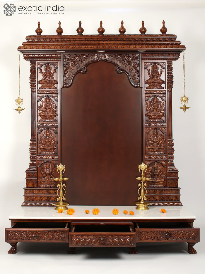 72" Super Large Wood Carved Ashtalakshmi Designer Temple with Brass Lamps