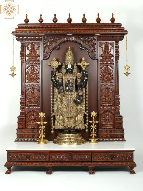 72" Super Large Wood Carved Ashtalakshmi Designer Temple with Brass Lamps