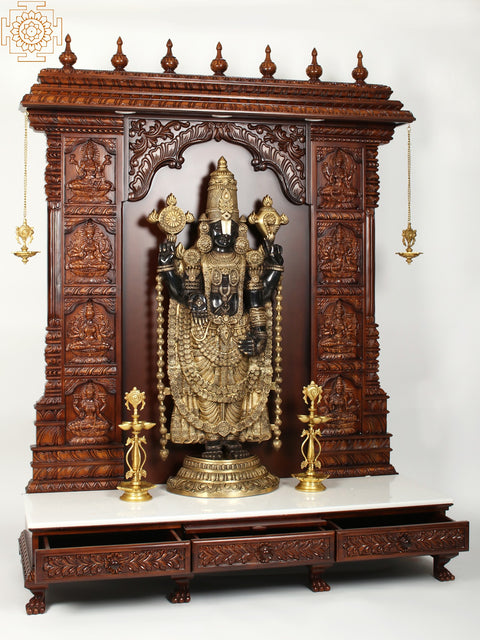 72" Super Large Wood Carved Ashtalakshmi Designer Temple with Brass Lamps