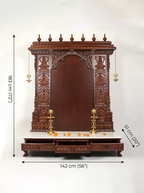 72" Super Large Wood Carved Ashtalakshmi Designer Temple with Brass Lamps