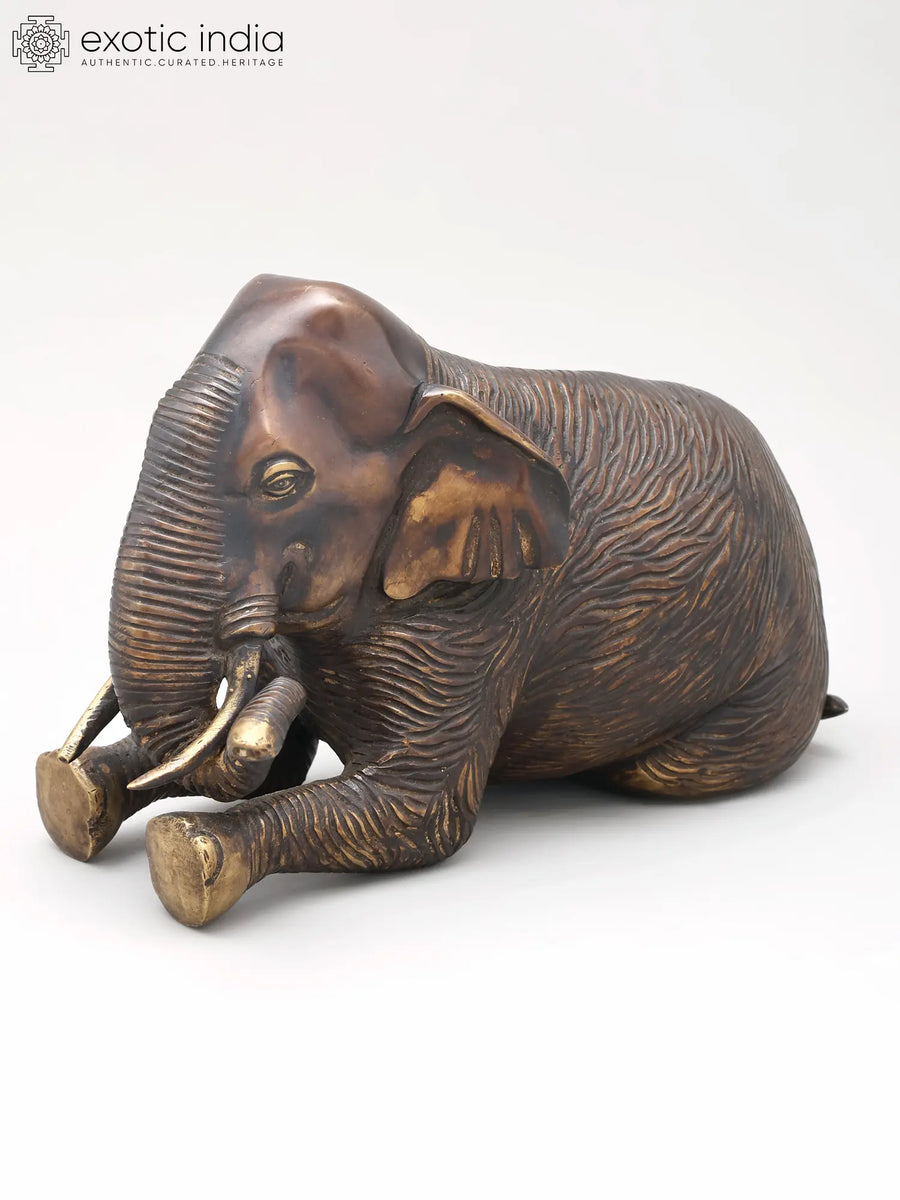 10" Brass Seated Elephant Statue for Home Decor