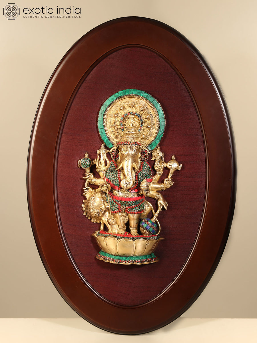 31" Large Wood Framed Drishti Ganesha Wall Hanging for Home Decor