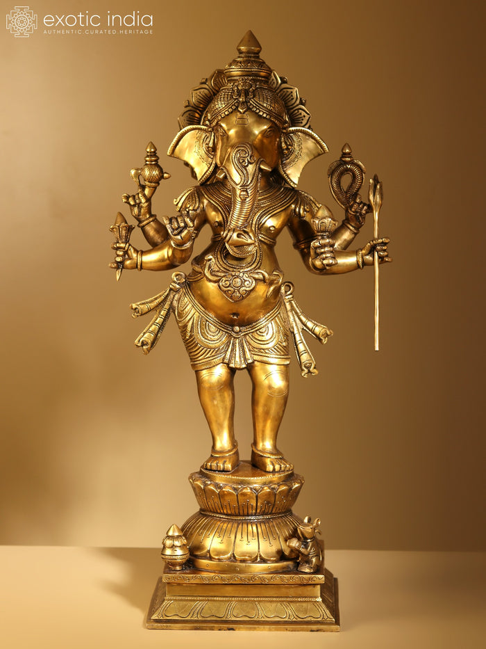 26" Six Armed Standing Ganesha Brass Statue for Pooja