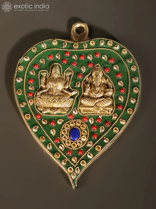 7" Lakshmi Ganesha Brass Wall Hanging with Inlay Work