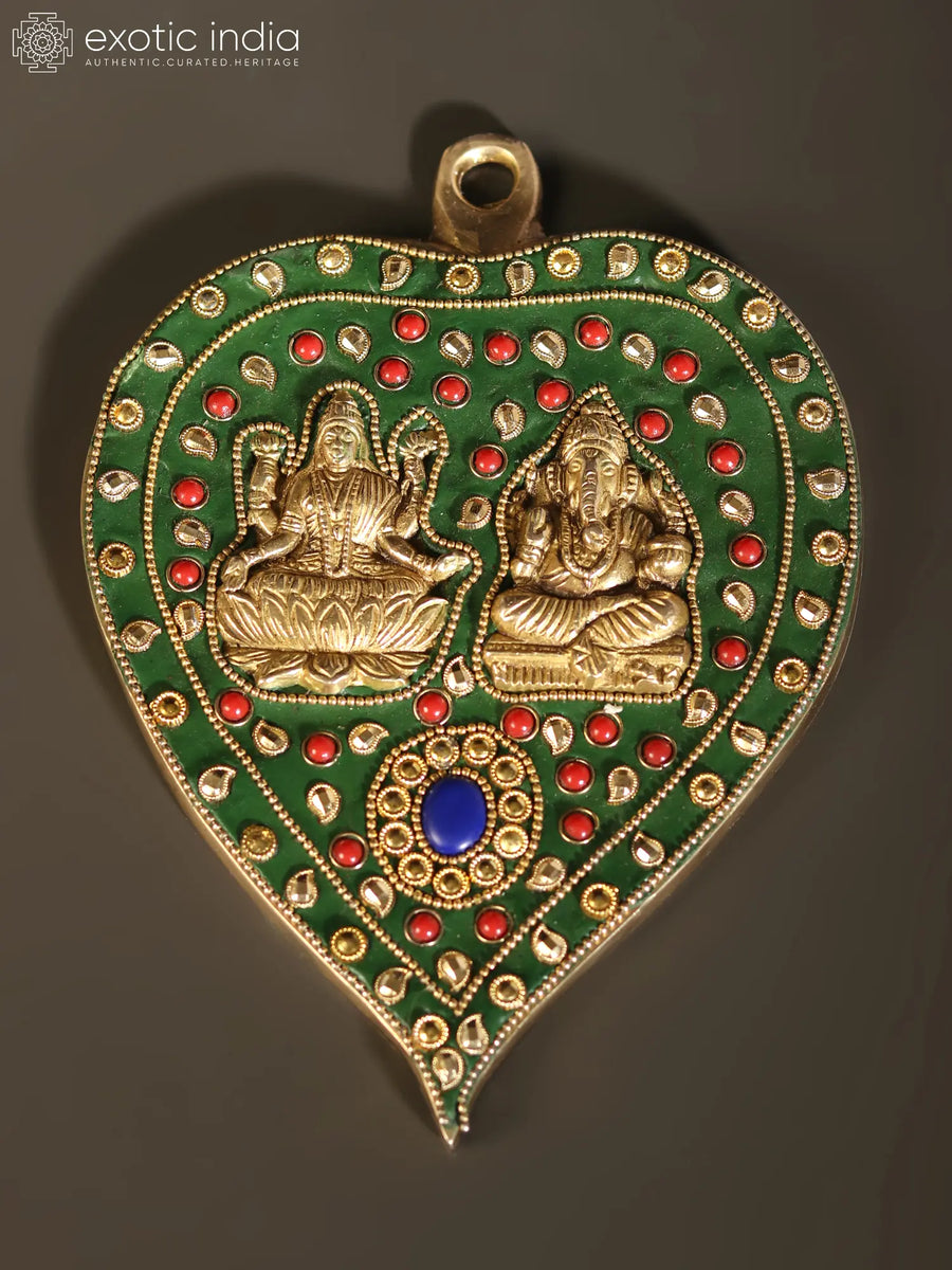 7" Lakshmi Ganesha Brass Wall Hanging with Inlay Work