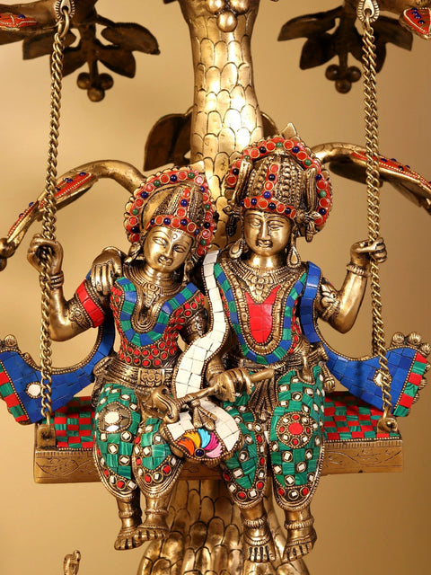 36" Large Radha Krishna on Swing | Brass Statue with Inlay Work