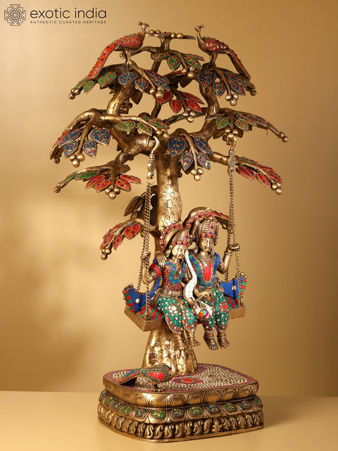 36" Large Radha Krishna on Swing | Brass Statue with Inlay Work