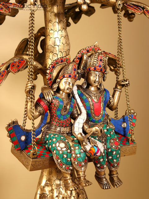 36" Large Radha Krishna on Swing | Brass Statue with Inlay Work
