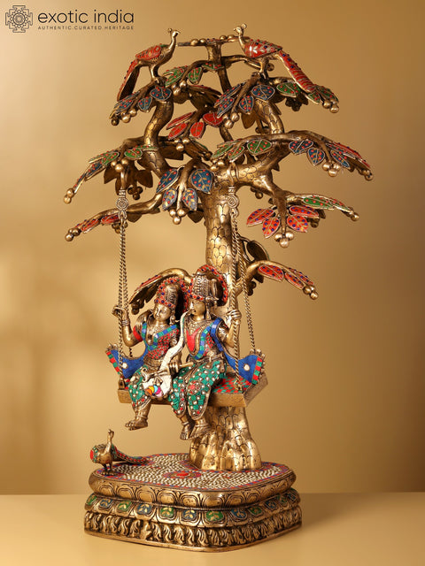36" Large Radha Krishna on Swing | Brass Statue with Inlay Work