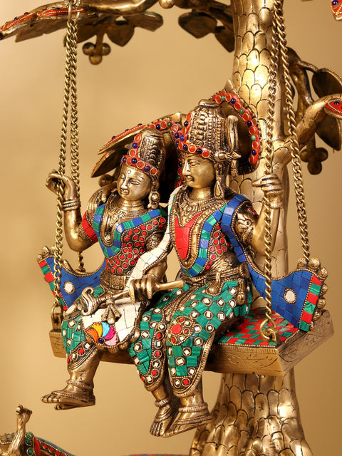36" Large Radha Krishna on Swing | Brass Statue with Inlay Work
