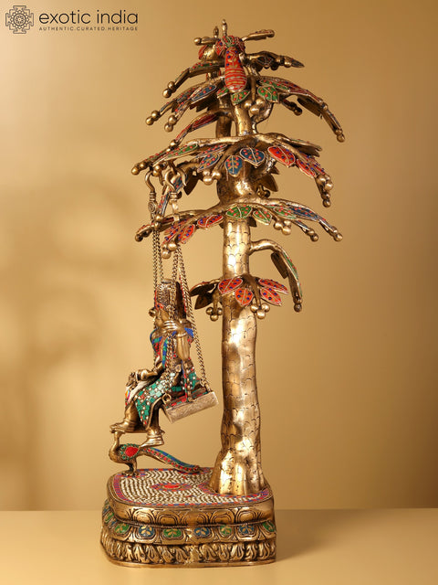 36" Large Radha Krishna on Swing | Brass Statue with Inlay Work
