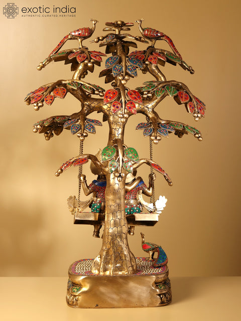 36" Large Radha Krishna on Swing | Brass Statue with Inlay Work