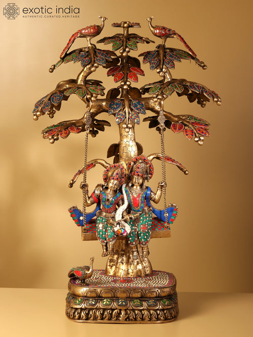 36" Large Radha Krishna on Swing Brass Statue with Inlay