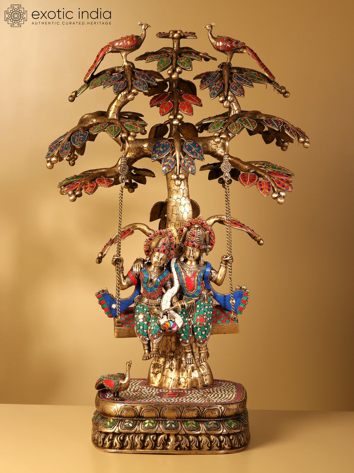 36" Large Radha Krishna on Swing | Brass Statue with Inlay Work