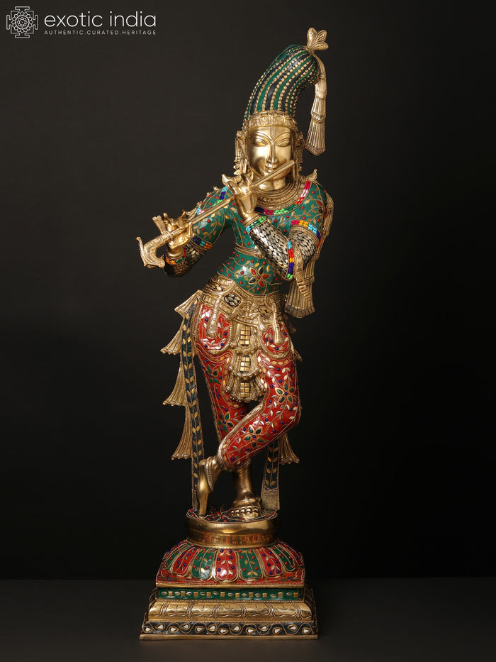 36" Large Fluting Krishna Idol with Fascinating Crown | Brass Statue with Inlay Work
