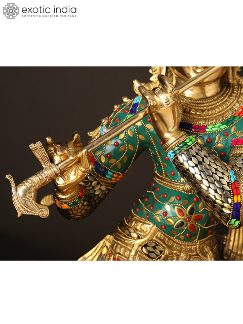 36" Large Fluting Krishna Idol with Fascinating Crown | Brass Statue with Inlay Work