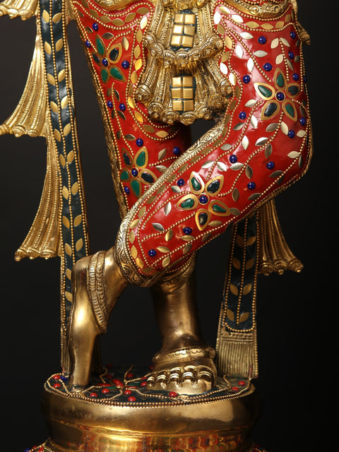 36" Large Fluting Krishna Idol with Fascinating Crown | Brass Statue with Inlay Work