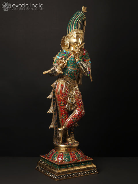 36" Large Fluting Krishna Idol with Fascinating Crown | Brass Statue with Inlay Work