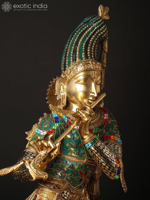 36" Large Fluting Krishna Idol with Fascinating Crown | Brass Statue with Inlay Work